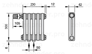 Схема (чертеж) Радиатор Zehnder Charleston 2030/5 №V007 Белый глянцевый RAL 9016
